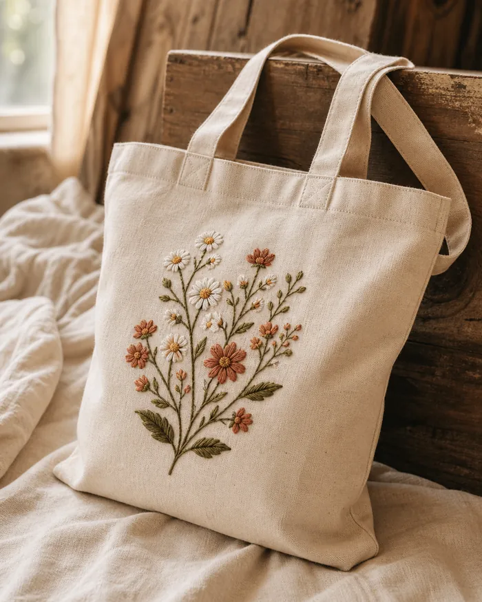Generated concept image of an embroidered floral tote