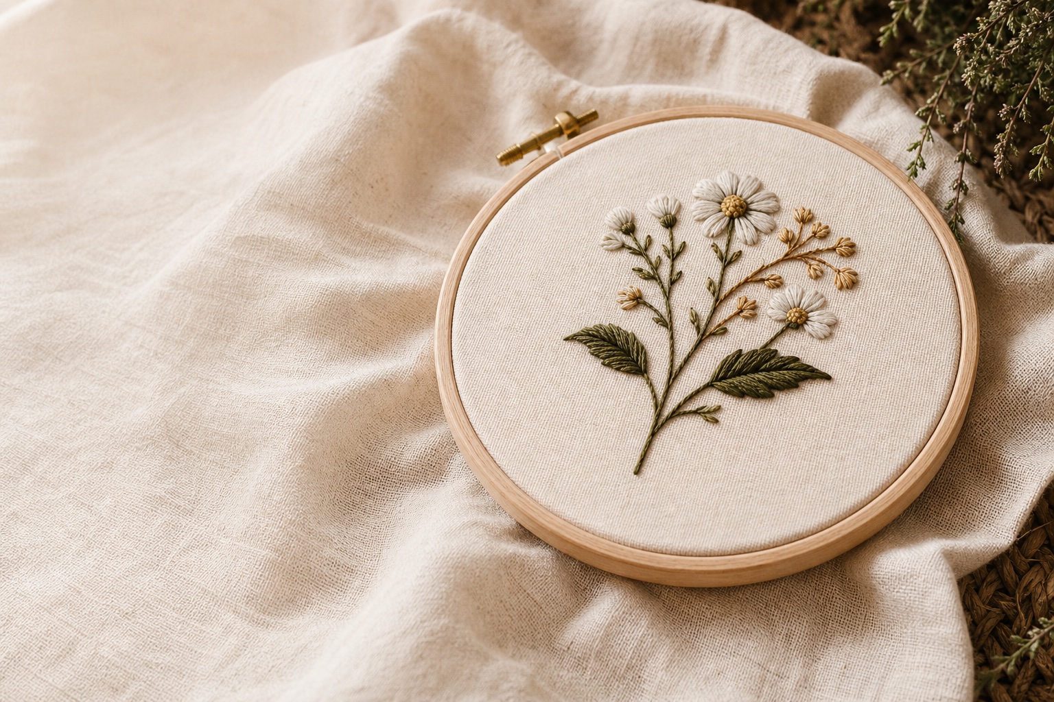 Generated concept image of botanical embroidery in a wooden hoop