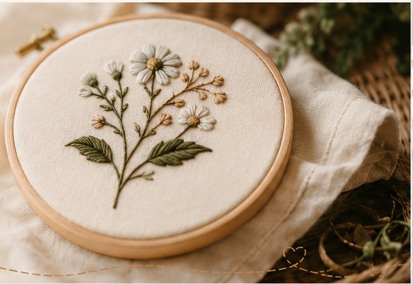 Representative concept image of botanical embroidery in a wooden hoop