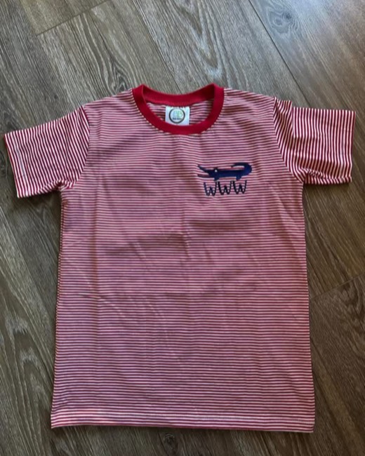 Navy alligator and three-letter monogram on a striped tee