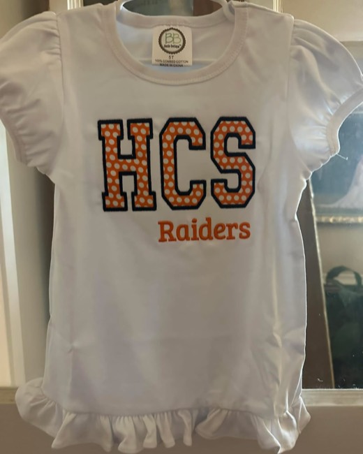 School spirit tee appliqued with team letters and mascot name